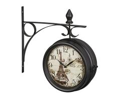 Relaxdays estación de Tren de Doble Cara, Torre Eiffel, Retro, HBT, 34 x 35 x 10 cm, baterÃa, analógico, Reloj de Pared Vintage, Color Negro, 70% Hierro 30% Vidrio