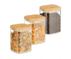Relaxdays Botes Cristal con Tapa BambÃº, Set de 3, Recipientes Cuadrados 900 ml, Tarros HermÃ©ticos, Transparente/Natural