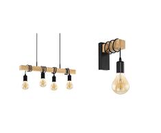 Eglo 32916 Montaje Flexible Negro, Madera-Iluminación De Suspensión, 70 + Aplique De Pared Townshend, Aplique De Pared Vintage Con 1 Bombilla En Diseño Industrial, Lámpara Retro De Acero Y Madera