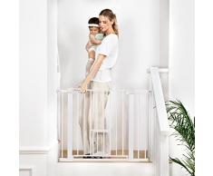 COMOMY Barrera para Perros con Puerta Pequeña y 2 Extensiones, 75-103 cm Barrera Seguridad niños Escalera, Auto Close, Sin Taladrar, Blanco