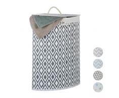 Relaxdays Cesto Ropa Sucia Esquinero con Tapa, Cubo Colada Plegable, 60 L, Rombos, 65,5 x 49,5 x 37 cm, Blanco-Gris, 65.5 x 49.5 x 37 cm