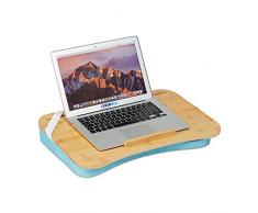 Relaxdays Bandeja Portátil con CojÃn Espuma Viscoelástica, 51x36 cm, Cama, Sofá, Coche, Asa, Madera Natural y Azul