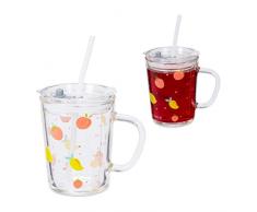 Relaxdays Set de 2 Vasos Infantiles, DiseÃ±o Frutas, Jarrita Agua NiÃ±os, con Asa, Tapa y Pajita, 400 ml, Transparente, 80% Vidrio plÃ¡stico 10% Silicona