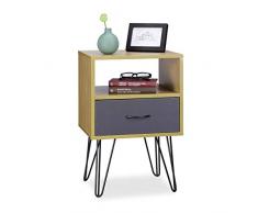 Relaxdays Mesita Noche Retro con Cajón, Mesa Auxiliar Vintage, Efecto Madera, DM-Metal, 60 x 40 x 35 cm, Marrón