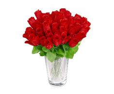 Relaxdays Rosas Artificiales, 48 Unidades, Ramo Flores con Tallo y Hojas, Adorno Floral, Poliéster, 26 cm de Alto, Rojo