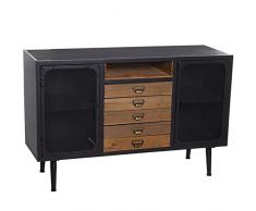 DRW Aparador con 2 Puertas Rejilla y 5 cajones de Metal y Madera DM en Negro y Natural 124x40x70cm
