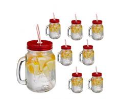 Relaxdays Jarras con Tapa y Pajita, Set de 8 Jarritas Limonada, 500 ml, Verano, Vasos Retro Veraniegos con Asa, Rojo, Vidrio Hierro