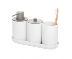 iDesign Set de baño, juego de 4 compuesto por dispensador de jabón, porta cepillo de dientes, algodonero y bandeja de plástico, accesorios de baño para el lavabo, blanco y gris