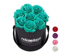 Relaxdays Rosas Artificiales, Caja de Flores Negra, 8 Unidades, Ramo Decorativo, Flower Box, Cartón-Tela-PP, Turquesa