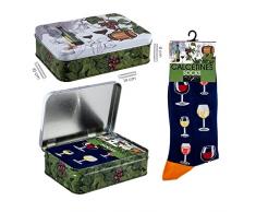 DRW Calcetines Copas de Vino Marino en Caja de Metal Talla Unica