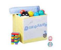 Relaxdays Caja Juguetes Plegable Dinosaurio, Puff Almacenaje Infantil 20 l, Poliéster-DM, 31 x 32 x 32 cm, Amarillo-Azul
