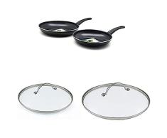 GREENCHEF Juego de Sartenes Antiadherentes de Aluminio, 24/28 cm, Negras + Tapa Universal de Vidrio Templado, 24 cm, Glass + Tapa Universal de Vidrio Templado, 28 cm, Cristal