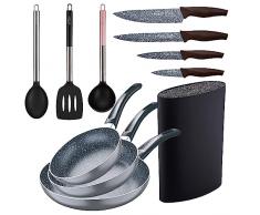 Set 3pc sarten (16+20+24cm) aluminio prensado, inducción, negra Soul Marble con Set 3pc utensilios de cocina nylon con Set 4pc cuchillos acero inoxid