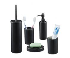Relaxdays Set de Baño Accesorios, Kit 5 Piezas Acero Inoxidable, Jabonera, Soportes, Vaso, Dispensador Jabón, Antracita, 100%, 1 Unidad