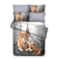 DecoKing 200 x 200 cm, Ropa de Cama con 2 Fundas de Almohada de 80 x 80 cm, diseÃ±o de Gato y Torre Eiffel, Funda de edredÃ³n de Microfibra con Cremallera, Color Blanco y Gris