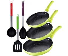 Set 3pc sarten (20+24+28cm) aluminio prensado verde con Set 3pc utensilios de cocina nylon