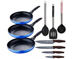 Set 3pc sarten (16+20+24cm) aluminio prensado, inducciÃ³n, azul Navy Paradise con Set 3pc utensilios de cocina nylon con Set 4pc cuchillos acero inoxi