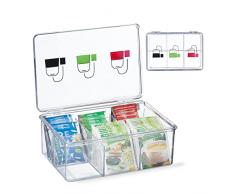 Relaxdays Caja Té, Plástico, 6 Compartimentos, 9 x 21,5 x 15 cm, Cajita Organizadora Bolsas Infusiones, Transparente, 9 x 21.5 x 15 cm