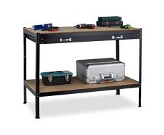 Relaxdays Banco Trabajo con CajÃ³n, 2 Niveles, Taller y Garaje, Acero y MDF, Mesa Carpintero, 90,5 x 121 x 63,5 cm, Negro, 80% 20% Tablero de Fibra