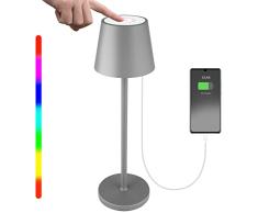 HOSWTLY Lámpara De Mesa Inalámbrica, Lámpara De Mesa LED Recargable Con Blanco Cálido 8 Colores RGB Lámpara De Noche Táctil Regulable Impermeable Para Interior Al Aire Libre Sala De Decoración, Gris