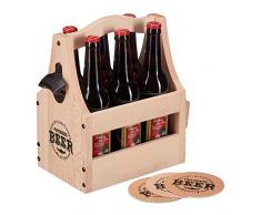 Relaxdays Portacervezas Portavelas de Madera con abrebotellas y Tapa, Portador Botellas, Bolso de Mano para Hombre, Cerveza, Color Natural, 80% 20% Hierro, Naturaleza, 6 Flaschen