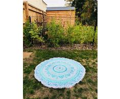 Bazzaree Tapiz de Playa Redondo con Mandala Bohemia, Hippie, tapete para Yoga, Redondo, algodón Turquesa, Verde y Blanco, 130 cm