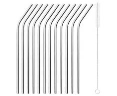 Paderno 41490-01 - Juego de 12 pajitas curvadas (21,5 cm, incluye escobilla de acero inoxidable AISI 304, acero 18/10)