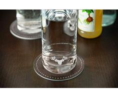 Juego de 2 vasos altos con diseÃ±o de ciervo en base de cristal y 2 posavasos de vinilo marrÃ³n.