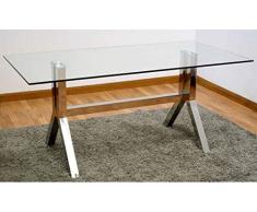 DRW Mesa Comedor Cristal y Base de Acero 180x75x90 cm