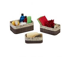 Relaxdays Set 3 Cestas de Almacenaje, Cajas Organizadoras Bambú, Cajitas Baño o Pañuelos, Funda de Tela, Marrón y Beige, 70% 20% poliéster 10% Tablero de Fibra, 12 x 30 x 20 cm