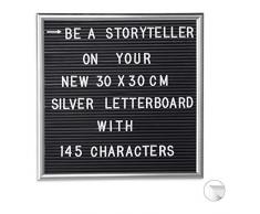 Relaxdays Letter Board con Marco, Pizarra 145 Letras, NÃºmeros y SÃ­mbolos, PP-Madera, 30x30, Plateado, Plata, 1,8 x 30 x 30 cm