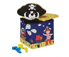 Relaxdays Puf Infantil con diseÃ±o de Piratas, Plegable, con Espacio de Almacenamiento, 31 x 31 x 31 cm, Color Azul y Amarillo