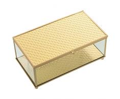 DRW Joyero Rectangular de Cristal y Metal en Dorado 21x13x9 cm