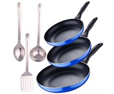 Set 3pc sarten (16+20+24cm) aluminio prensado, inducción, azul Navy Paradise con Set 3 pc utensilios cocina acero inoxidable