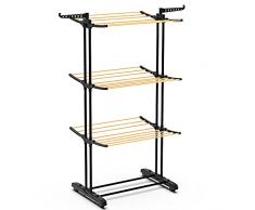 VOUNOT Tendedero Vertical Tipo Torre, Tendedores de Ropa Plegable, Estantes de Secado Ropa de Metal con 6 Alas Plegables y 4 Ruedas, Aspecto de Madera, 3 Niveles