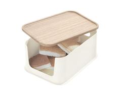 iDesign Caja organizadora, cesta organizadora de plÃ¡stico reciclado sin BPA de tamaÃ±o mediano, caja con tapa de madera de paulownia, blanco