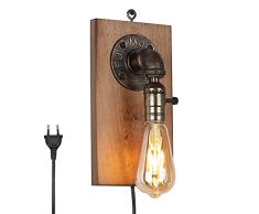 B·LED BARCELONA LED BarcelonaLED Aplique de Pared Vintage Industrial Madera Asa Colgante con Interruptor de Perilla y Cable Enchufe para Bombilla E27 Salón Dormitorio Cama