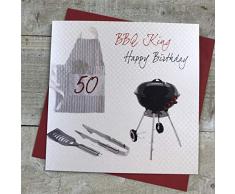 White Cotton Cards SB7-50 de Utensilios de Barbacoa King, 50 Feliz cumpleaÃ±os Hecho a Mano 50th cumpleaÃ±os con Texto en inglÃ©s, Blanco