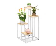 Relaxdays Escalera para macetas, 4 estantes, 80 x 40 x 40 cm, Ahorra Espacio, Acero y MDF, diseño de Plantas de Flores, Color Blanco y Natural