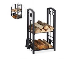 Relaxdays Leñero Interior, Kit de 4 Utensilios Chimenea, Pala, Cepillo, Pinzas y Atizador, Acero, 73 x 46 x 30 cm, Negro