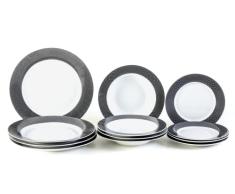 DEAGOURMET Saturno - Juego de platos de mesa de 12 piezas, plato hondo, plato plano y plato para fruta/postre de porcelana blanca con una decoraciÃ³n negra entrelazada en el borde de los platos