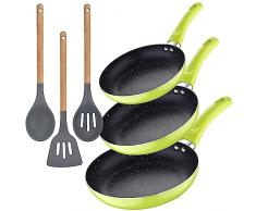 Set 3pc sarten (20+24+28cm) aluminio prensado verde con Set 3pc utensilios de cocina silicona madera