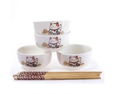 lachineuse - Juego de 4 cuencos de gato japonÃ©s - Tazones de arroz, desayuno y sopa - Con palillos - Vajilla de gato Maneki Neko - Regalo original lindo - Deco Kawaii JapÃ³n - Blanco