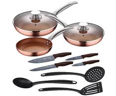 Set 5pc sartenes 20,24,28 cm (con tapa) aluminio prensado inducciÃ³n con Set 3pcs utensilios de cocina con Set 4pc cuchillos acero inoxidable