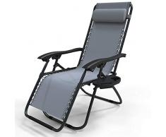 VOUNOT Tumbona Plegable Multiposicione Jardín, Silla Gravedad Cero Reclinable, con Soporte para Bebidas y Reposacabezas Axtraíble, Carga máxima 120kg, Gris