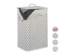 Relaxdays Cesto Ropa Sucia con Tapa, Cubo Colada Plegable, Rectangular, Triángulos, 80 L, 65 x 44 x 33,5 cm, Beige-Gris