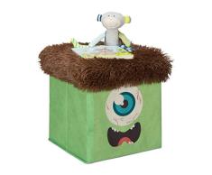 Relaxdays Taburete Infantil Plegable, con Espacio de Almacenamiento, diseÃ±o de Monstruos, 32 x 32 x 32 cm, Color Verde y marrÃ³n, Tablero de Fibra 40% vellÃ³n 20% poliÃ©ster, 1 Unidad