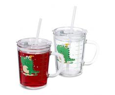 Relaxdays Set de 2 Vasos Infantiles, DiseÃ±o Dinosaurio, Jarrita Agua NiÃ±os, con Asa, Tapa y Pajita, 400 ml, Transparente, 80% Vidrio plÃ¡stico 10% Silicona