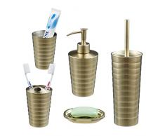 Relaxdays de-baño-accesorios-5-piezas Set de Baño Accesorios, Juego 5 Piezas Acero Inoxidable, Jabonera, Soportes, Vaso, Dispensador Jabón, Dorado, 90% 10% plástico