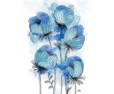 Patterned Blue Poppies Watercolour Painting Art Print Canvas Premium Wall Decor Poster Mural Modelo Azul Acuarela Pintura pared PÃ³ster